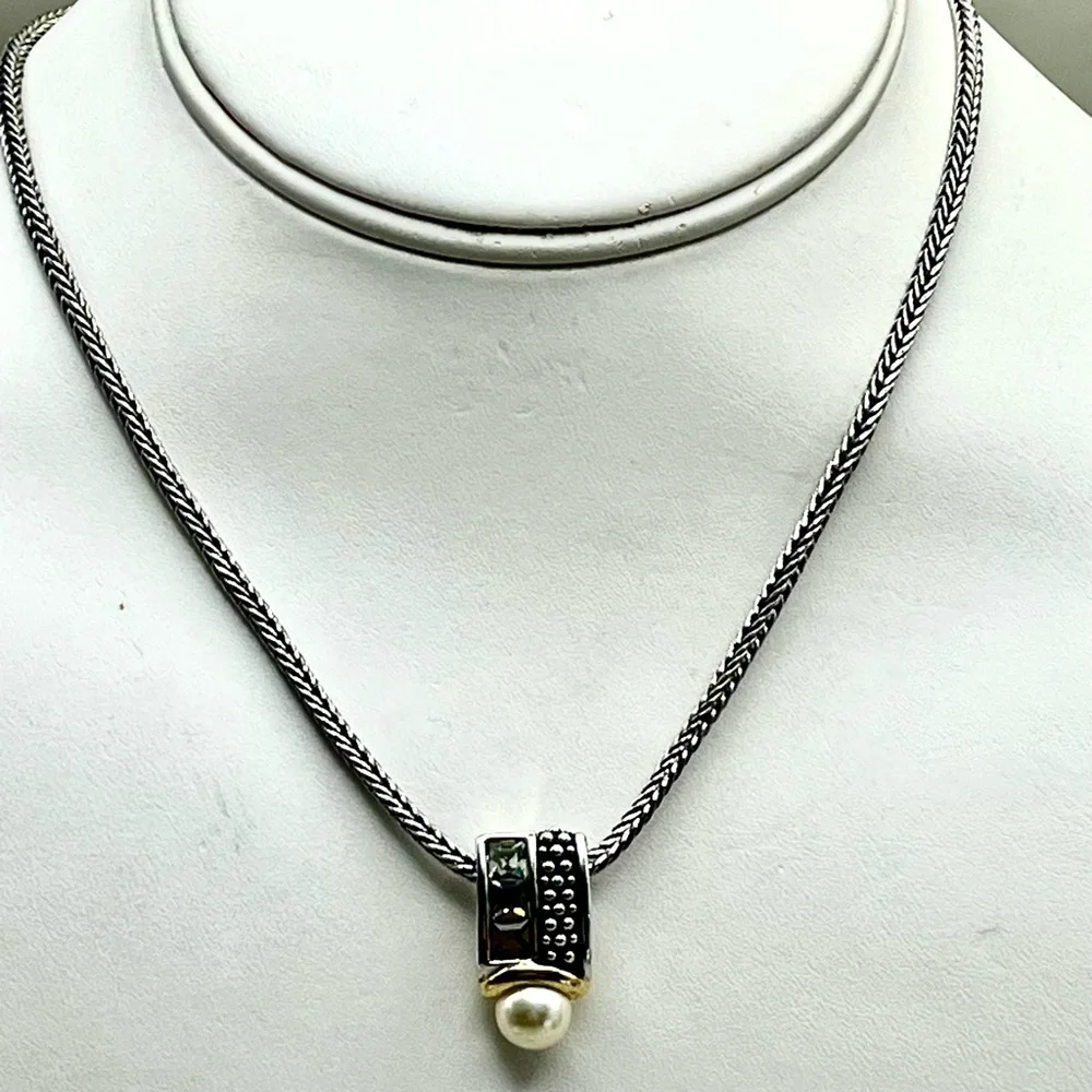 Elegant Silver and Gold Necklace with Pearl and Crystals Pendant -Luxe Stayement